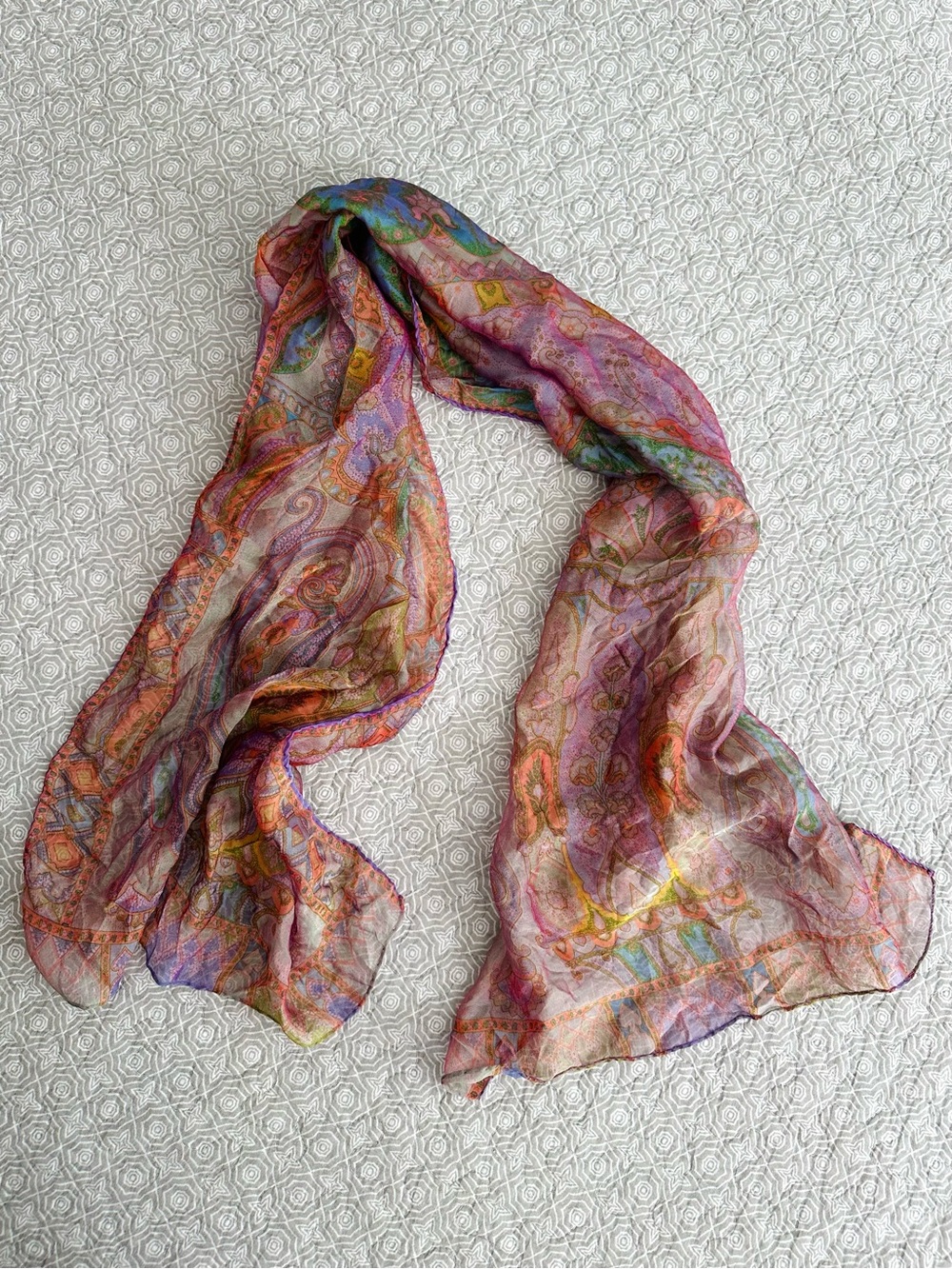 ETRO Vintage Paisley 100% Silk Scarf Sheer Purple Teal Orange 16” x 52”